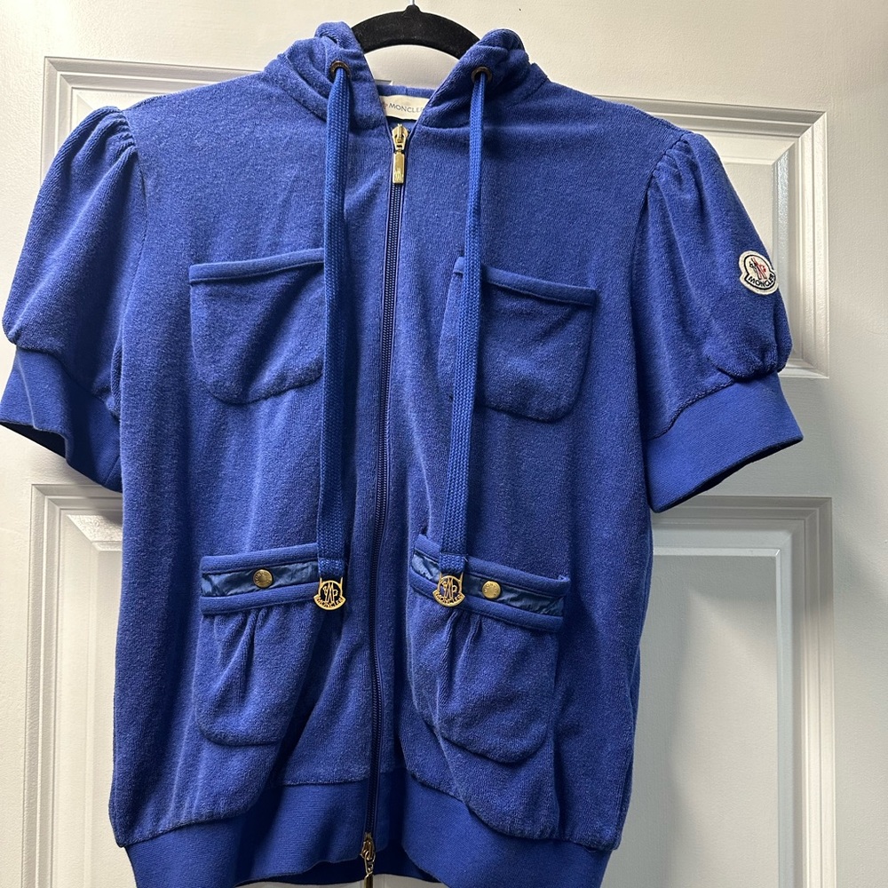 Moncler Women’s Full Zip Terry Short Sleeve Hoodie Sz Med Blue